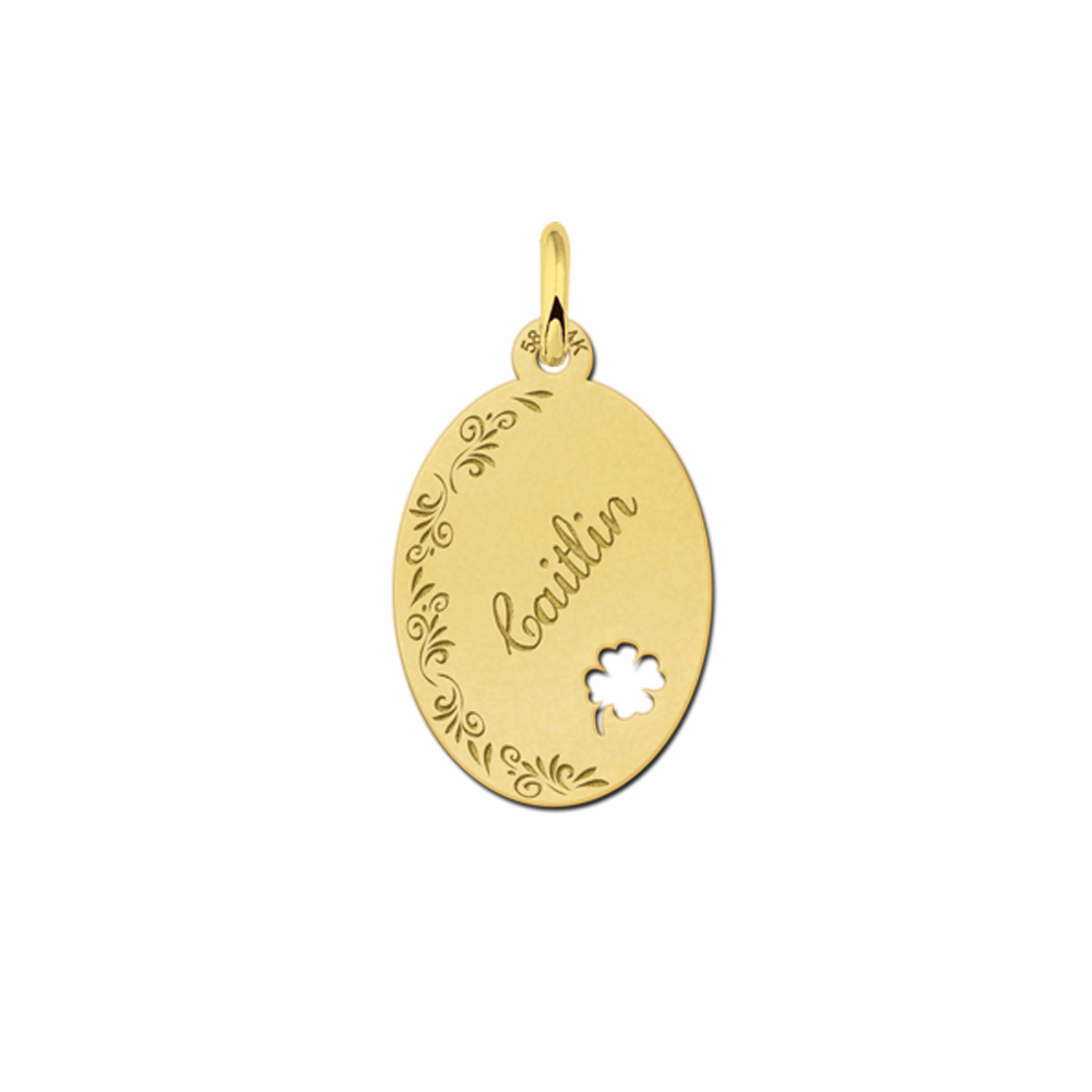 Engraved Golden Oval Necklace with Flowers and Four Clover
