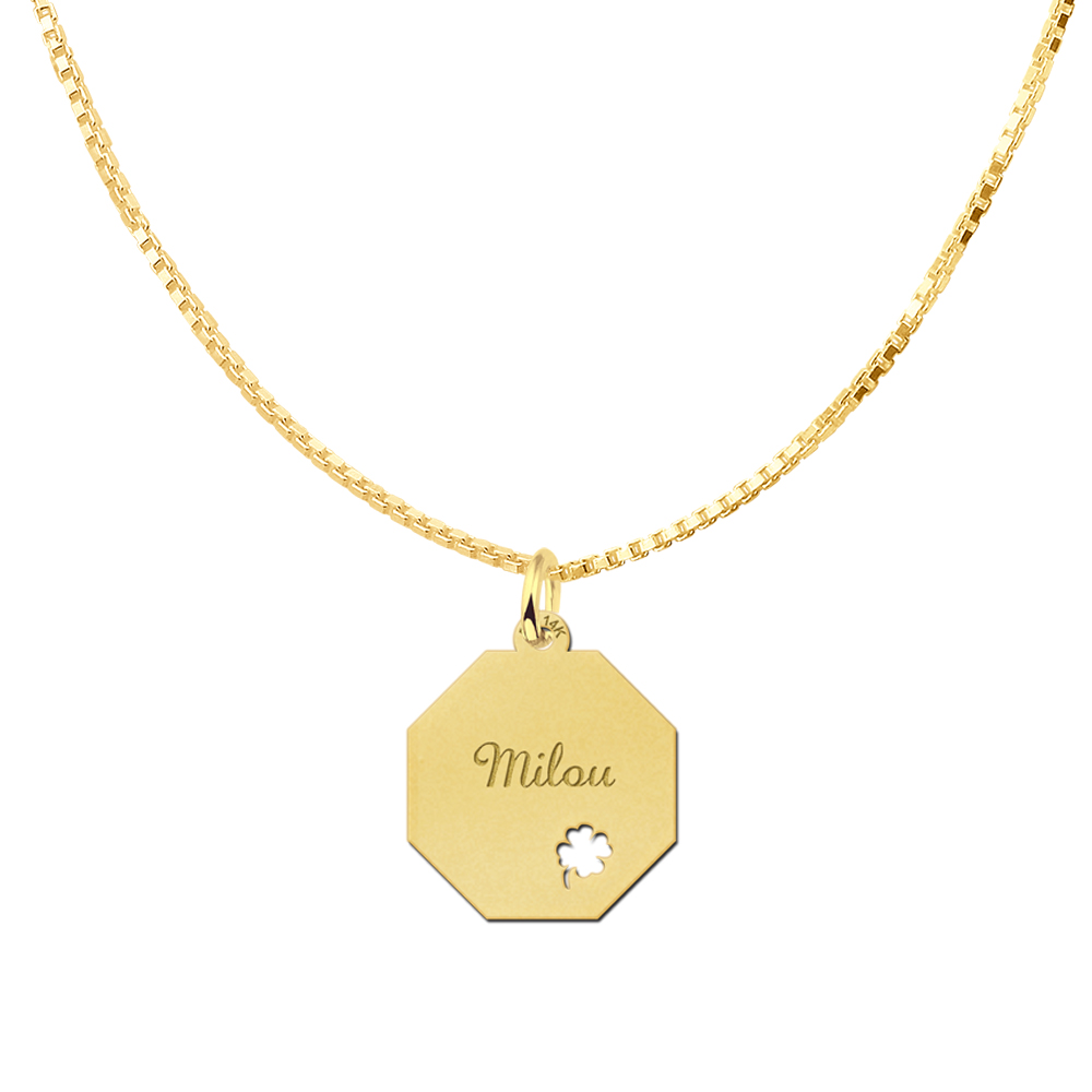 Solid Gold Necklace with Name and Four Leaf Clover