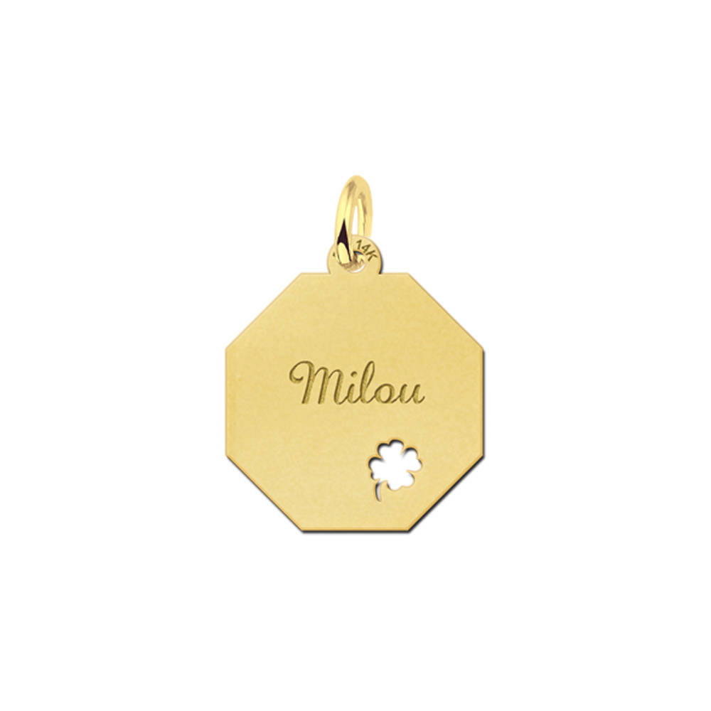 Solid Gold Necklace with Name and Four Leaf Clover