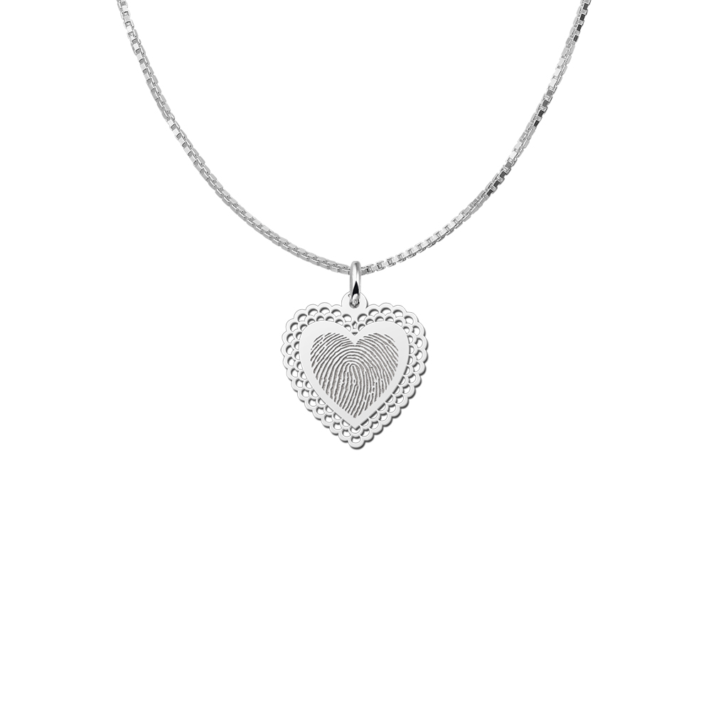 Silver heart pendant with fingerprint and decorative edge