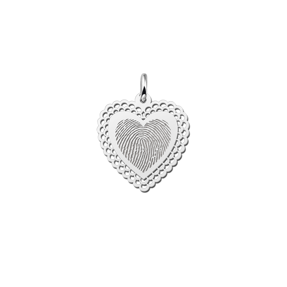 Silver heart pendant with fingerprint and decorative edge