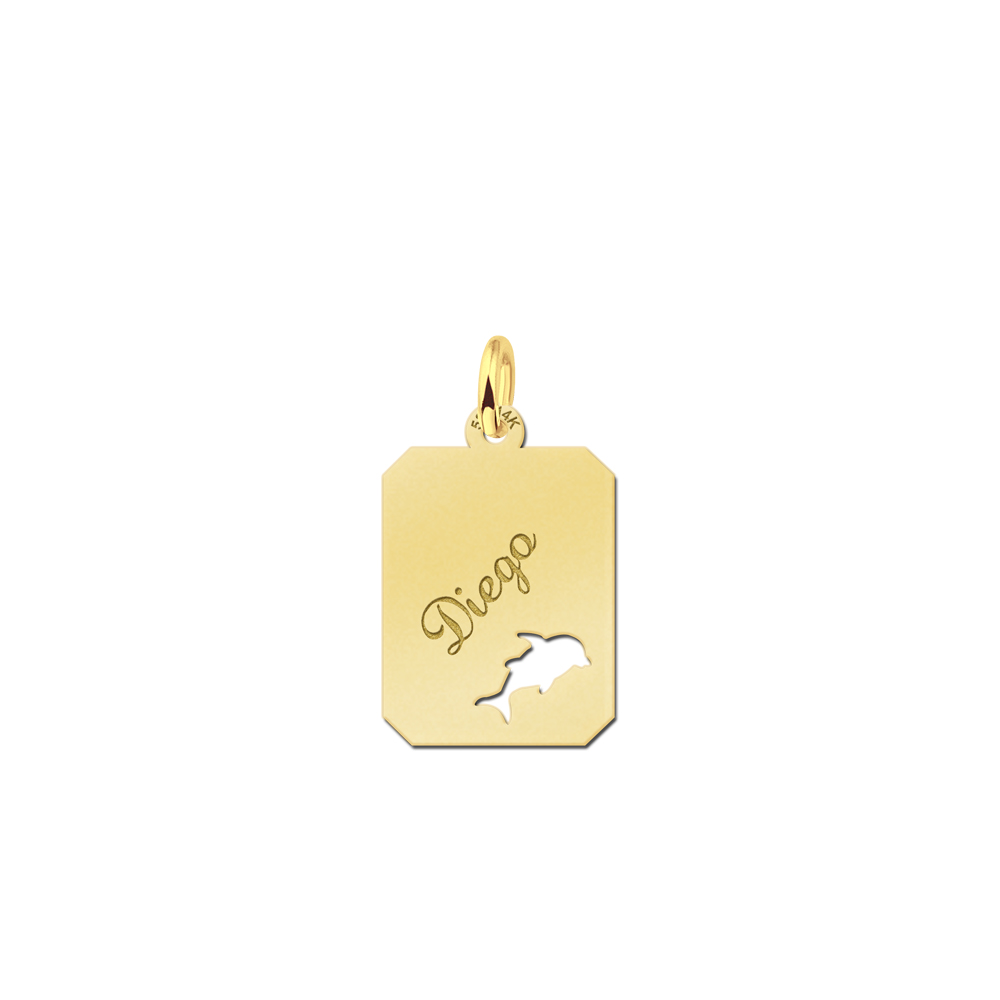 Golden engraved kids rectangle nametag dolphin