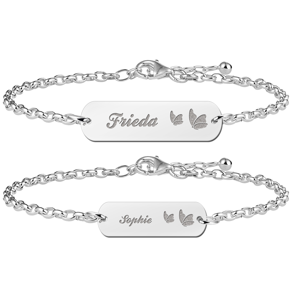 Silver mother-daughter-bracelet bar name and butterflies