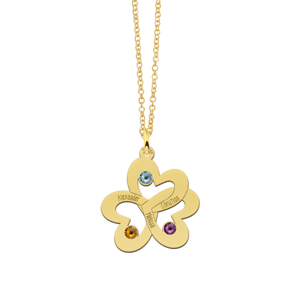 Gold triple heart necklace with birthstones