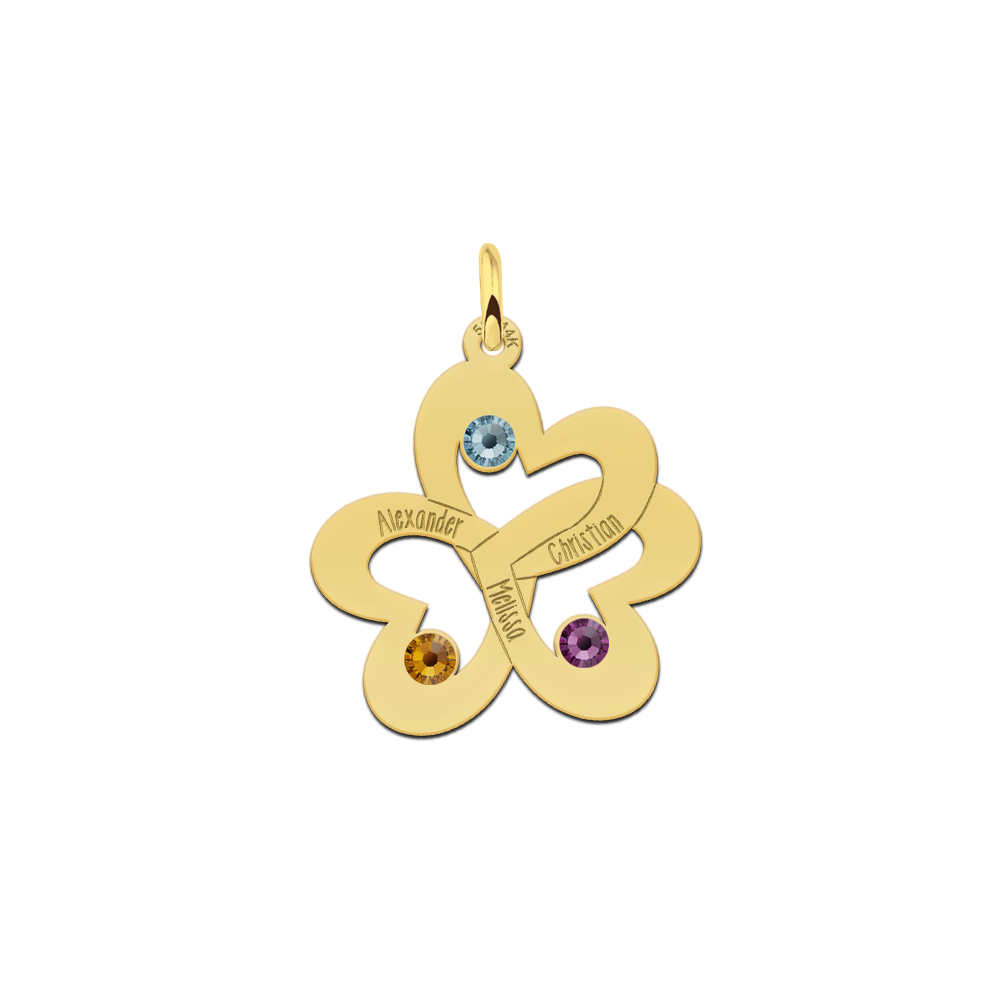 Gold triple heart necklace with birthstones