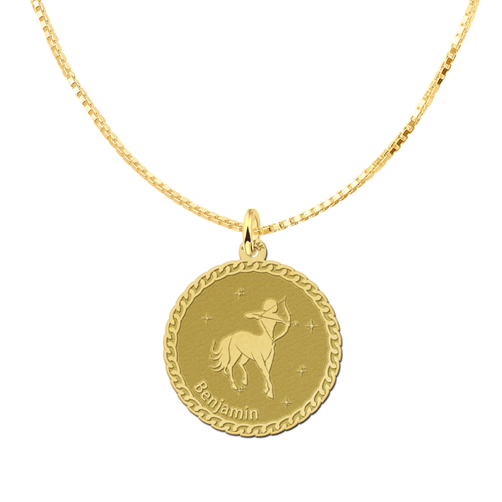 Golden round zodiac pendant Sagittarius