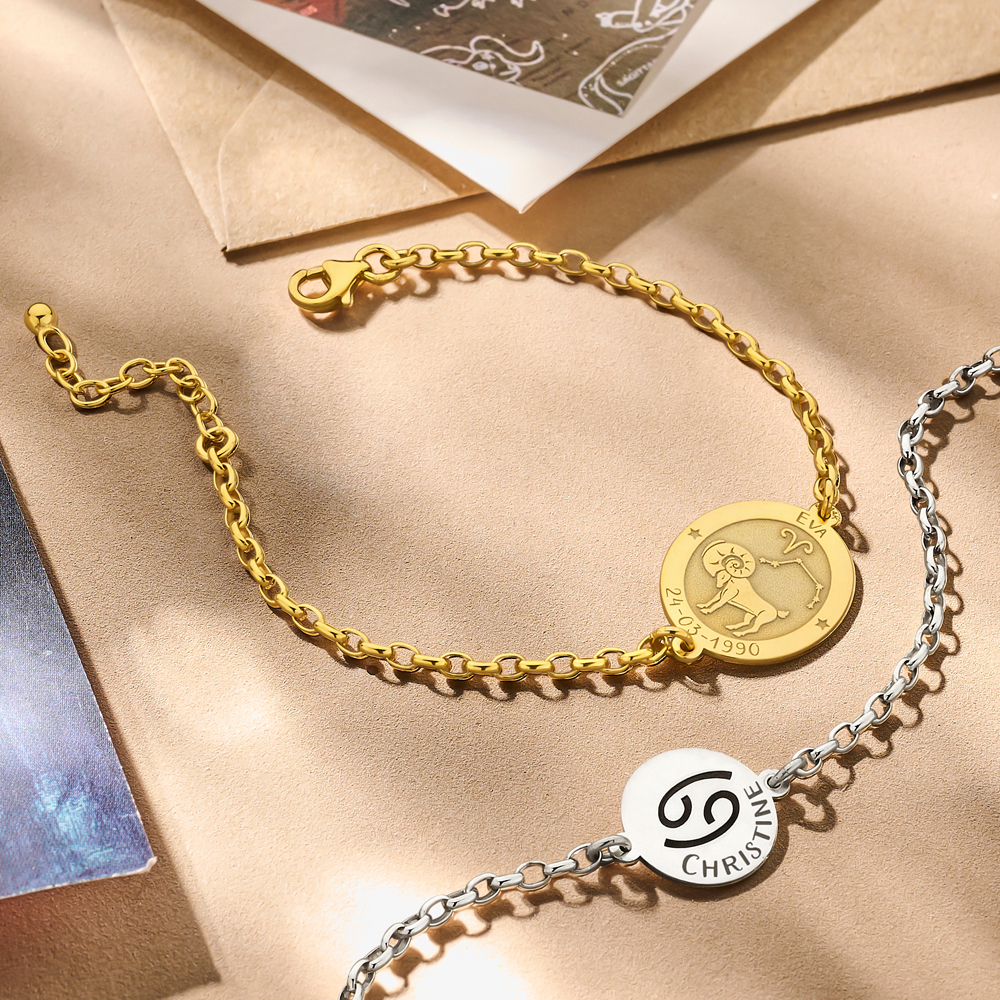 Gold Plated Oval Aries Zodiac Bracelet with Name and Date