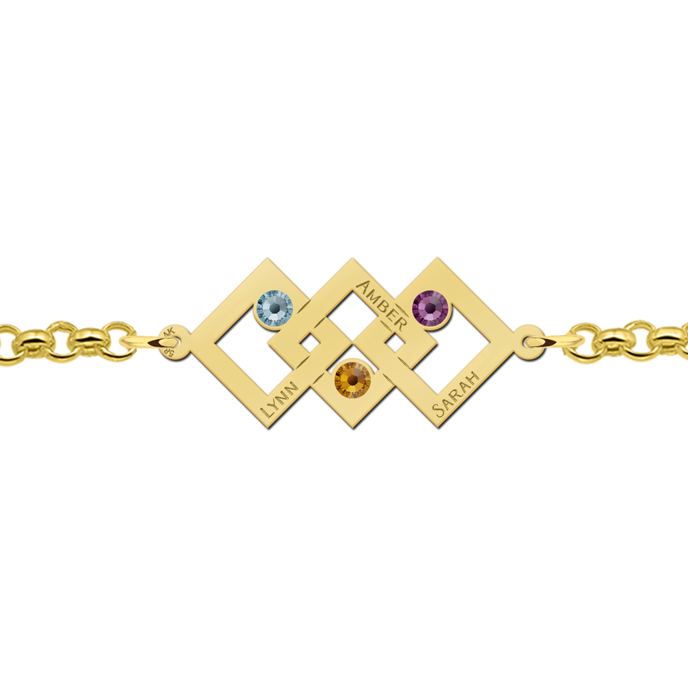 Golden mother-daughter bracelet with three rectangles and birthstones