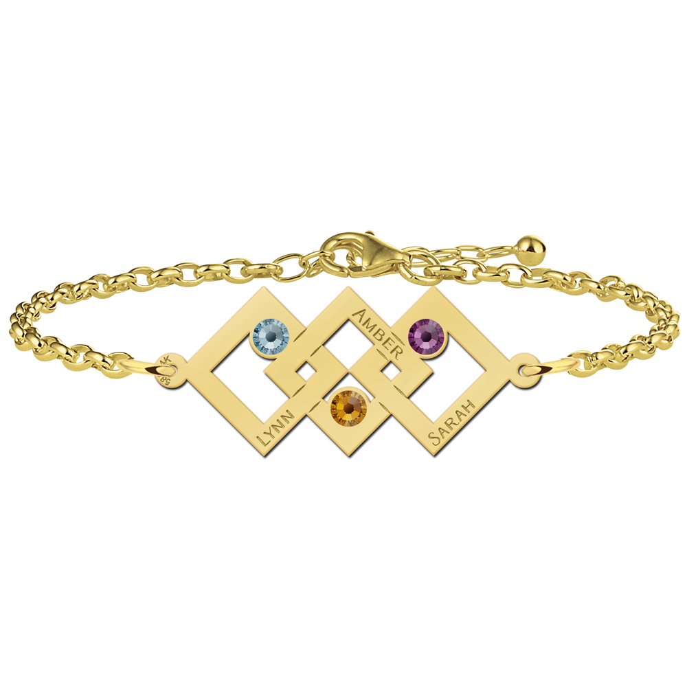 Golden mother-daughter bracelet with three rectangles and birthstones