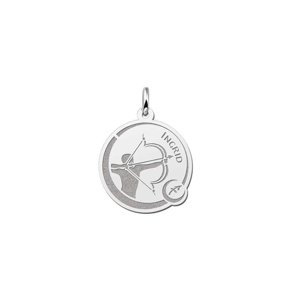 Silver Round Zodiac Pendant Sagittarius with Name Engraving