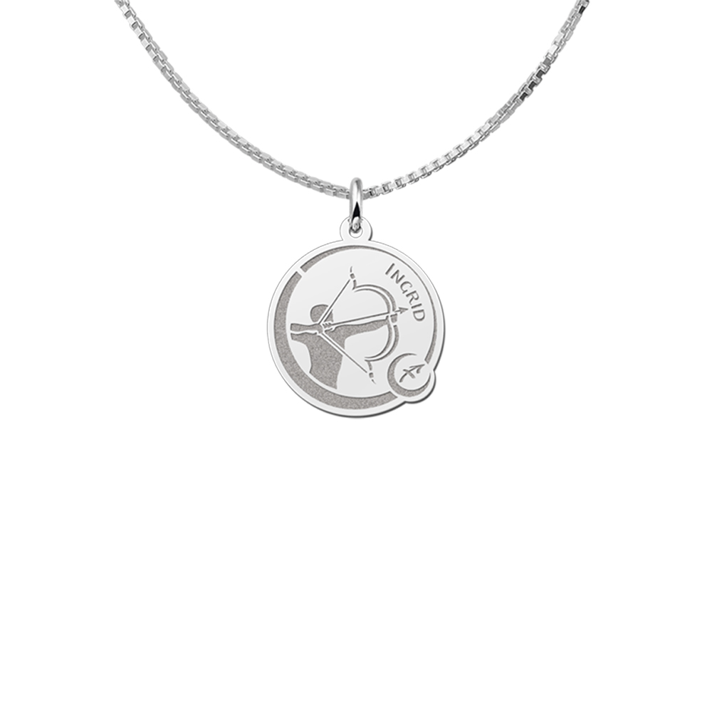 Silver Round Zodiac Pendant Sagittarius with Name Engraving