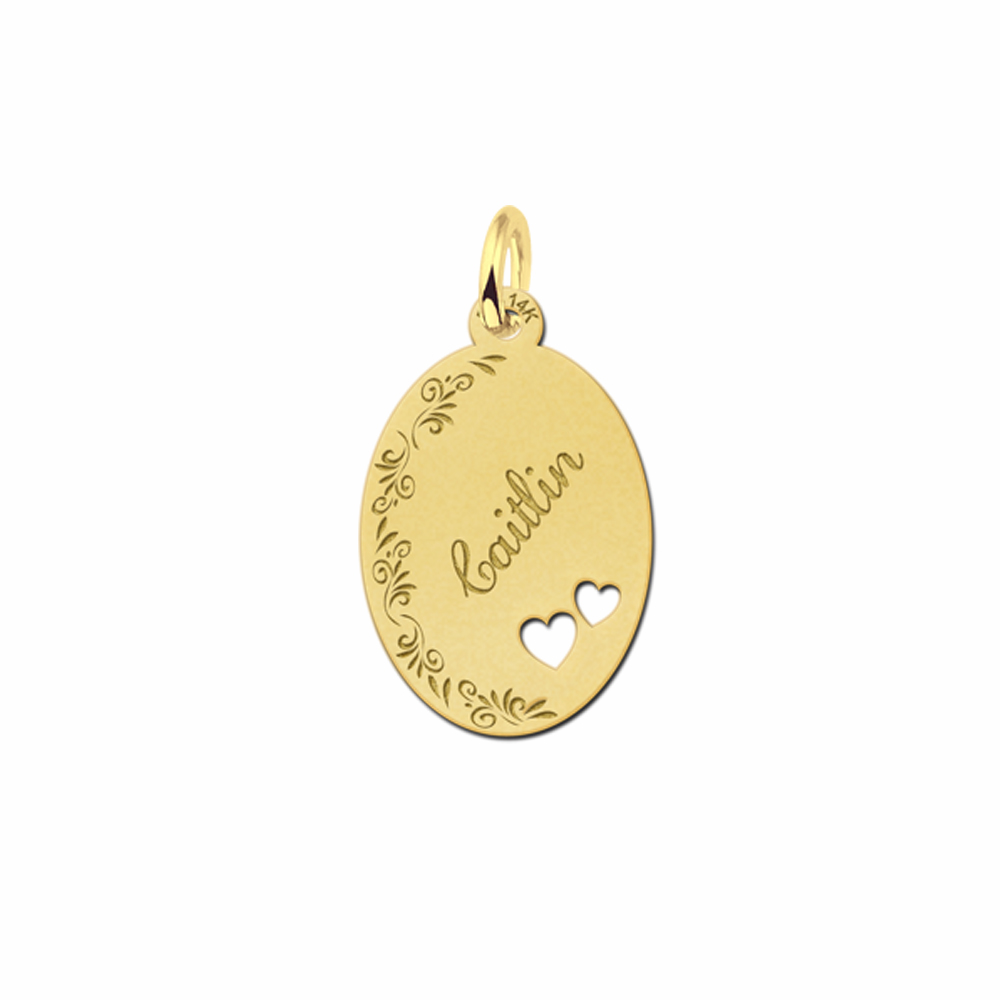 14ct Golden Oval Necklace with Name, Flowerborder and Two Hearts