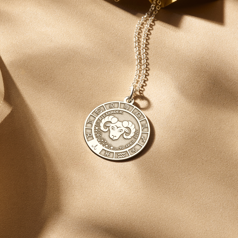 Silver Round Zodiac Pendant Aries with Name Engraving