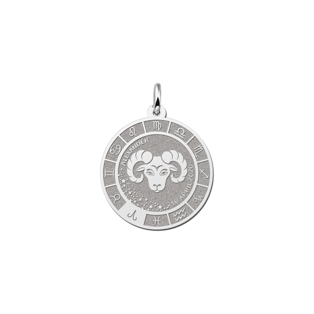 Silver round pendant zodiac aries