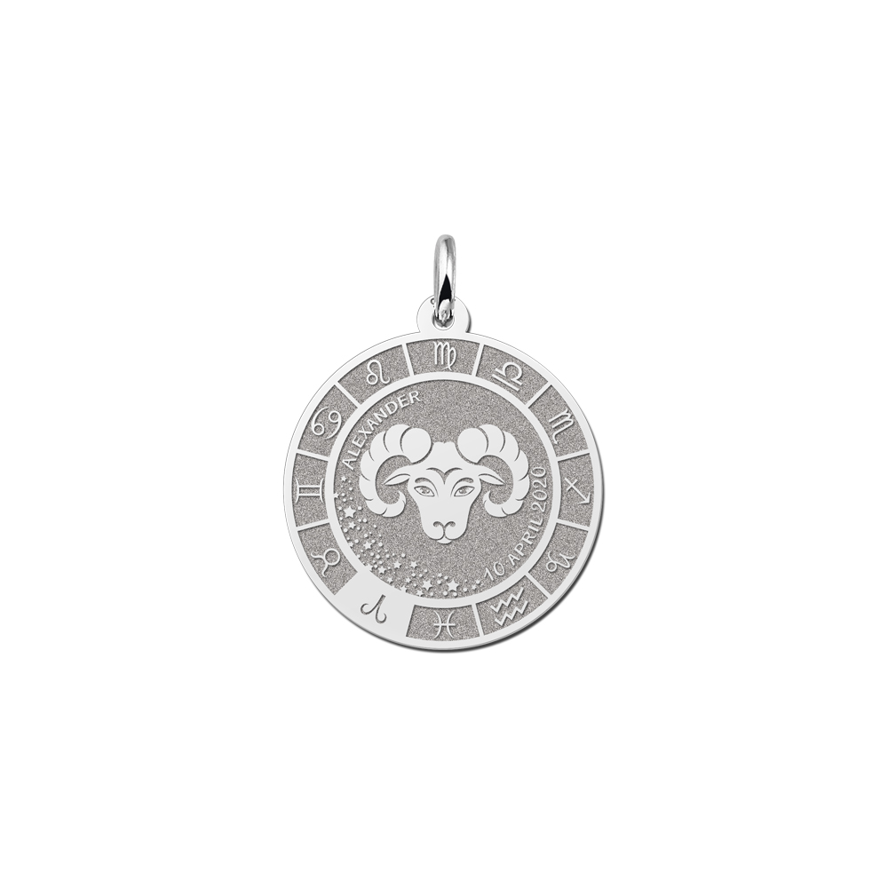 Silver Round Zodiac Pendant Aries with Name Engraving