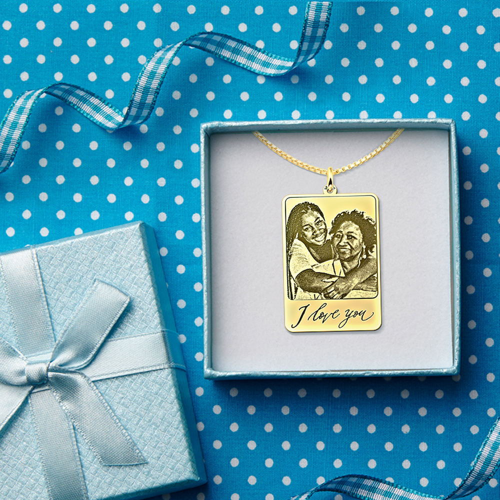 Golden photo pendant with own handwriting