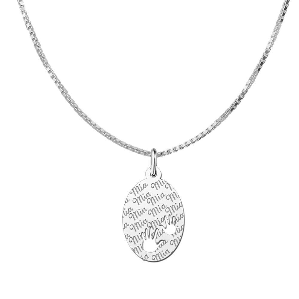 Repeatedly Engraved Sterling Silver Oval Pendant with Hands