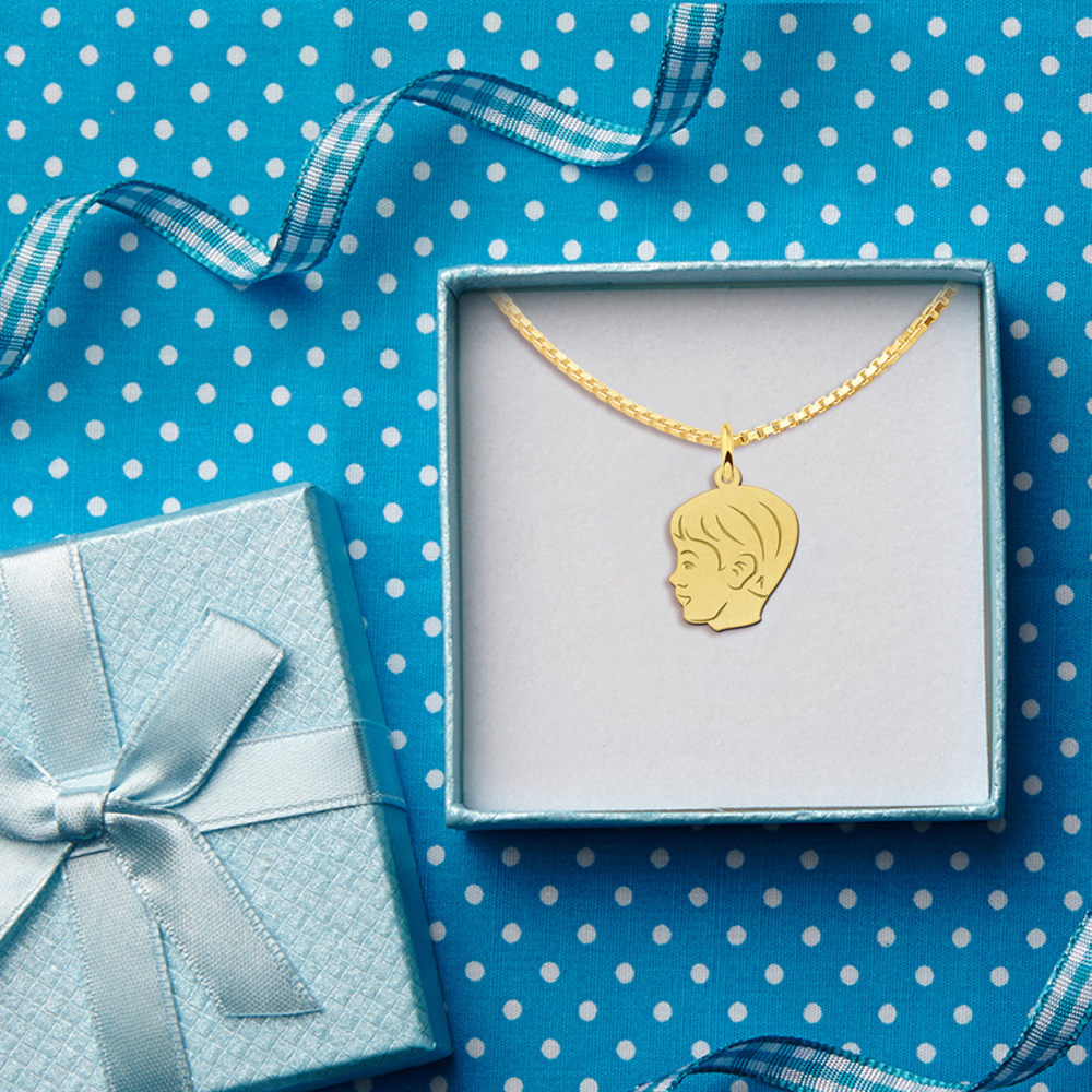 Gold Child head boys pendant with back engraving - small