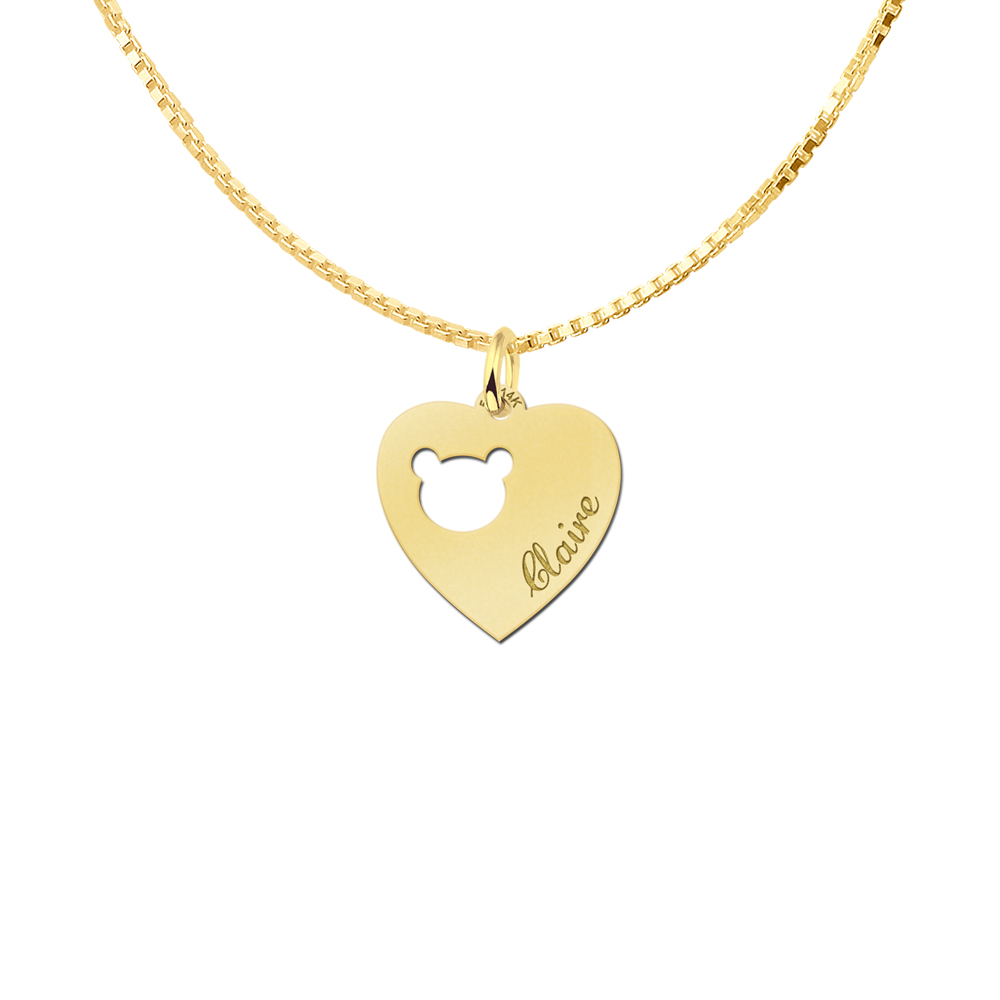 Engraved Gold Heart Necklace, Bear Head with Name