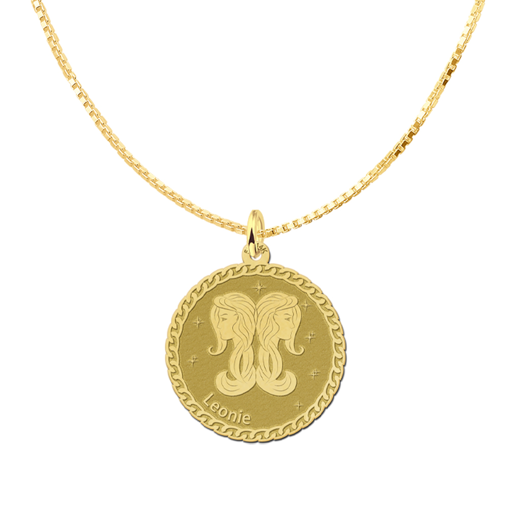 Golden round zodiac pendant Gemini