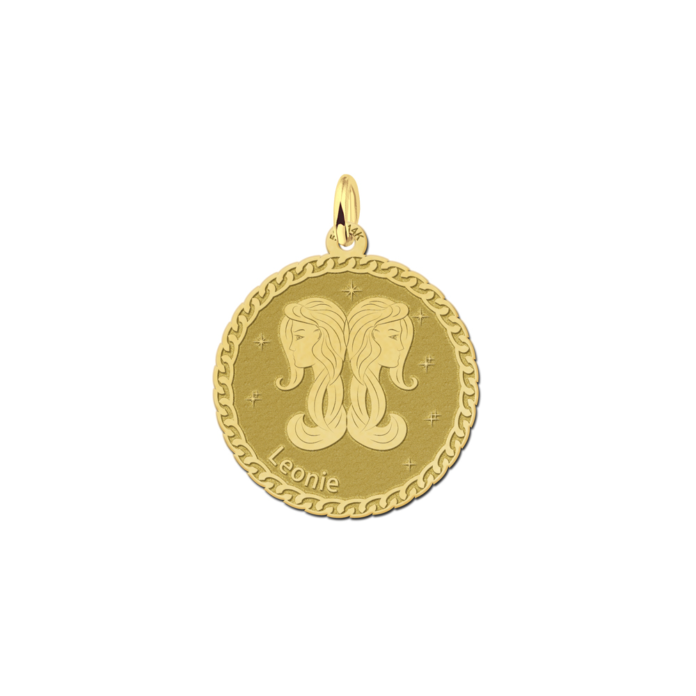 Golden round zodiac pendant Gemini