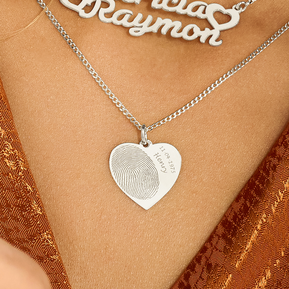 Silver heart fingerprint jewellery with name and date
