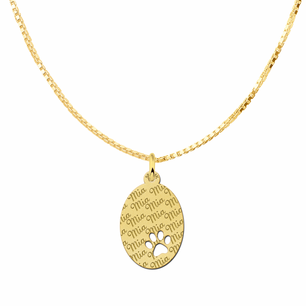 Repeatedly Engraved Golden Oval Pendant with Dog Paw