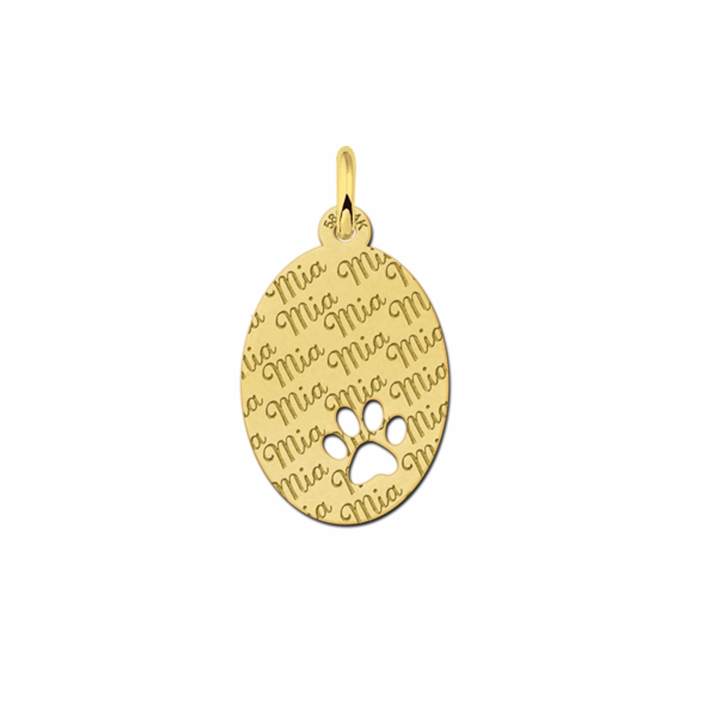 Repeatedly Engraved Golden Oval Pendant with Dog Paw