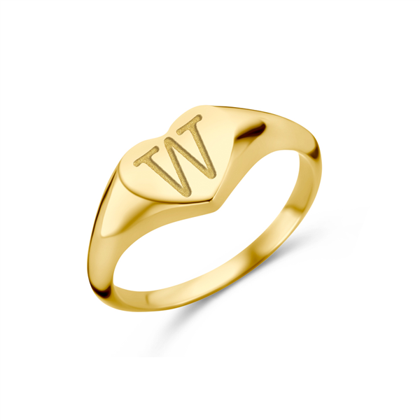Heart-shaped gold signet ring with an initial
