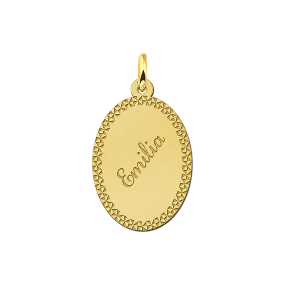 Gold-plated oval pendant with decorative border and name