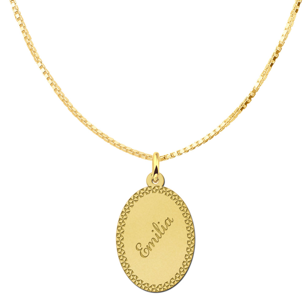 Gold-plated oval pendant with decorative border and name