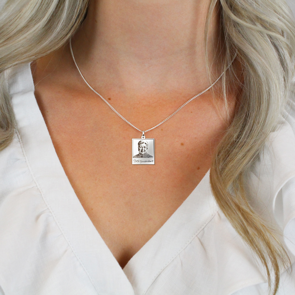 Silver polaroid photo pendant with own handwriting