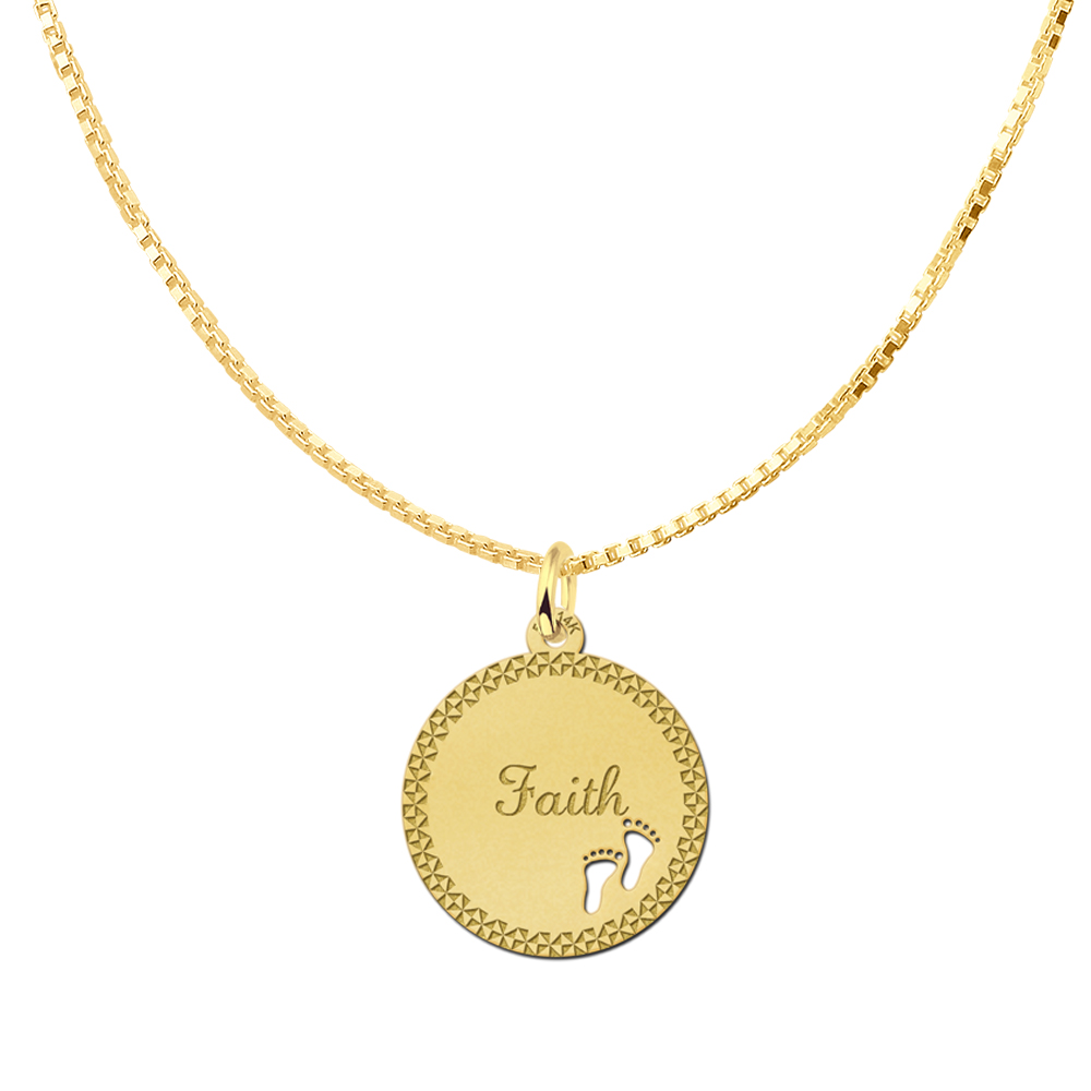 Gold Disc Necklace with Name, Border and Baby Feet