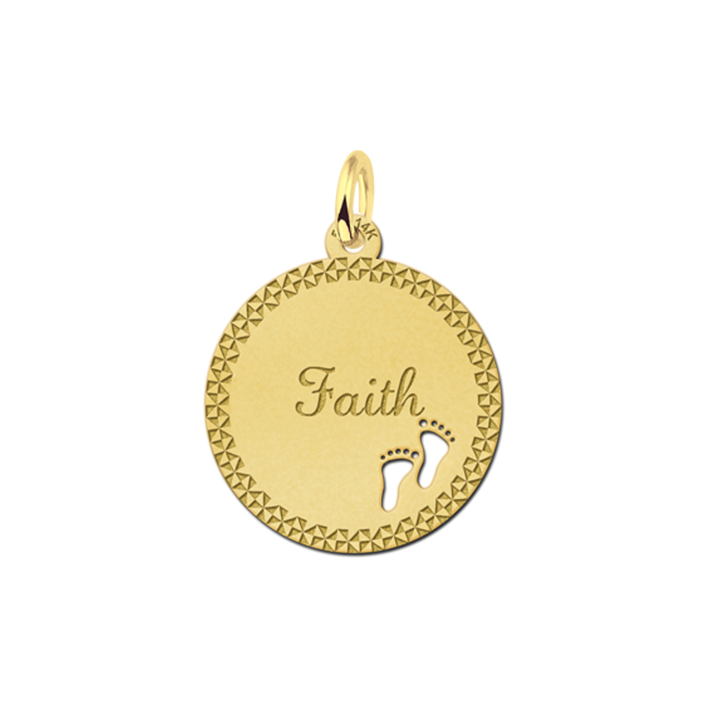 Gold Disc Necklace with Name, Border and Baby Feet