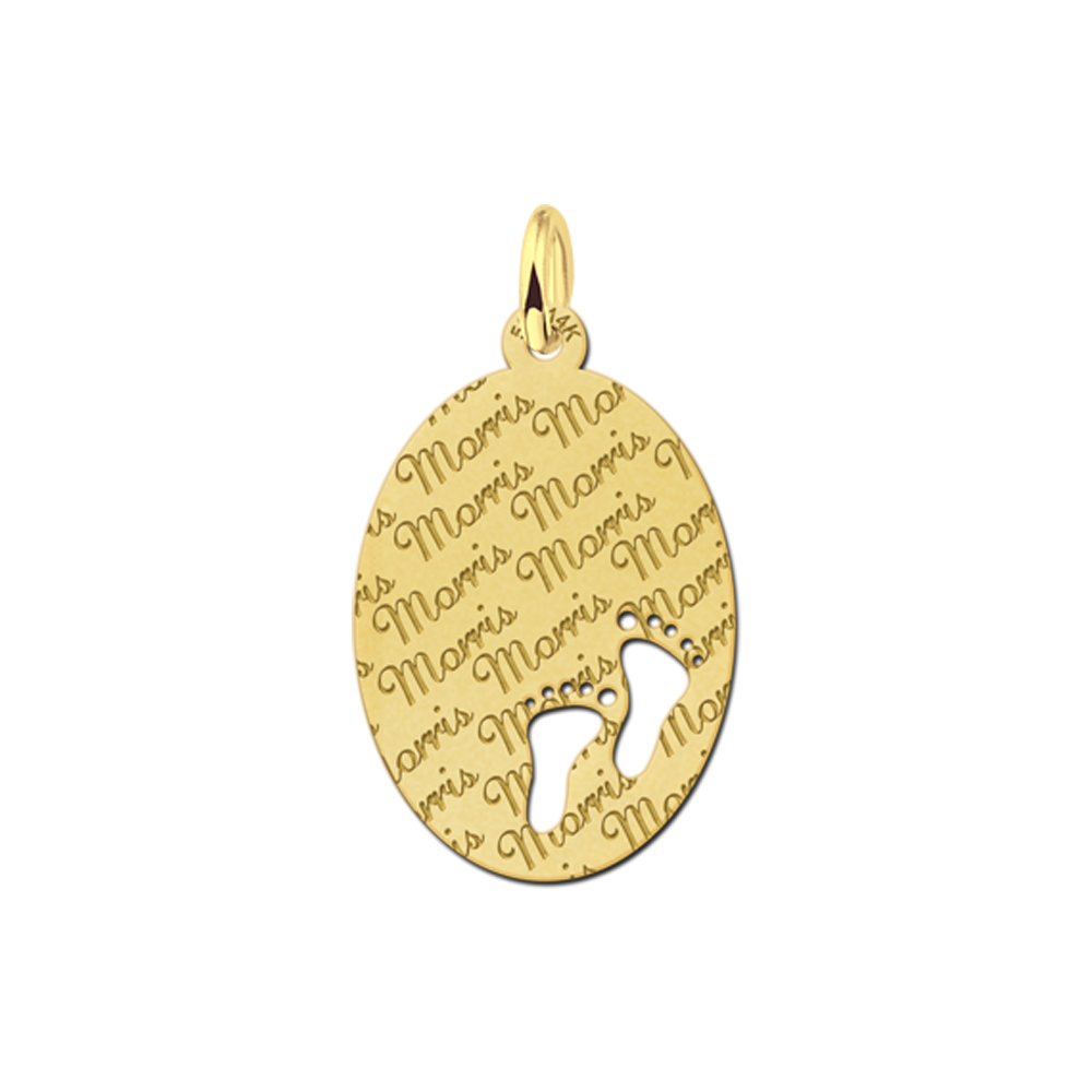 Repeatedly Engraved Gold Oval Necklace with Babyfeet large