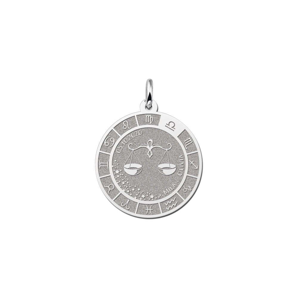 Silver Round Zodiac Pendant Libra with Name Engraving
