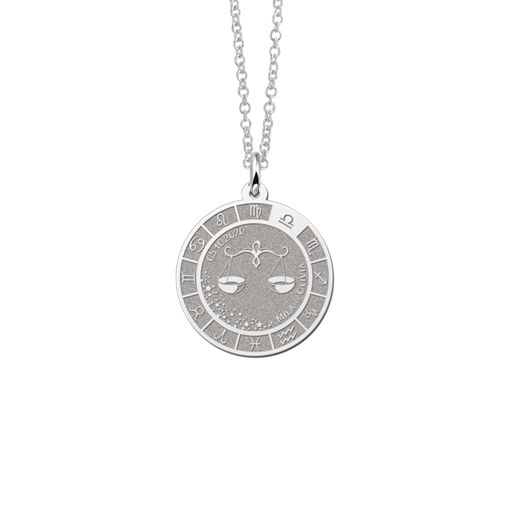 Silver Round Zodiac Pendant Libra with Name Engraving