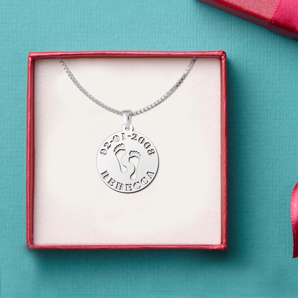 Silver Round Pendant Child Feet with Name and Date