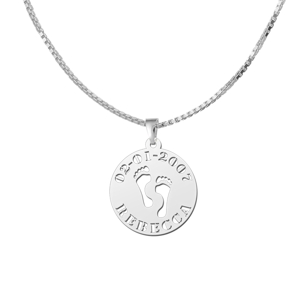Silver Round Pendant Child Feet with Name and Date