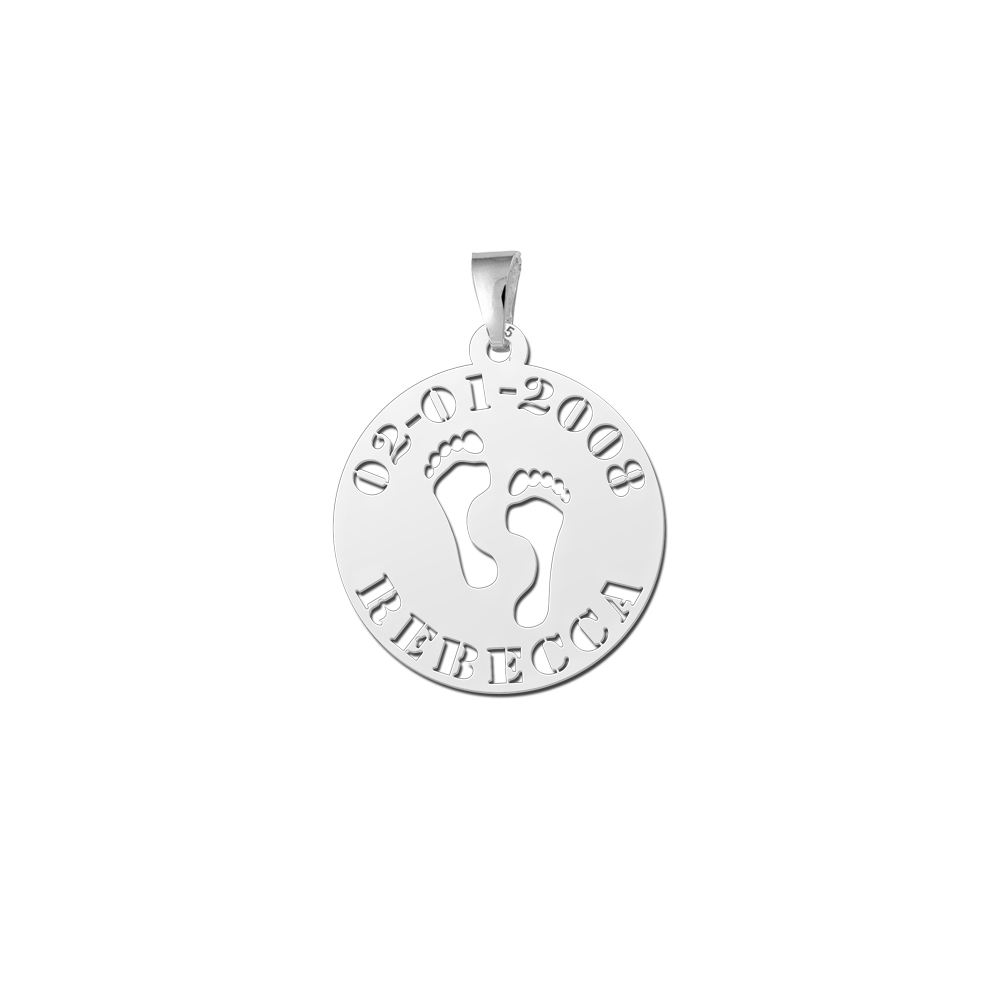 Silver Round Pendant Child Feet with Name and Date