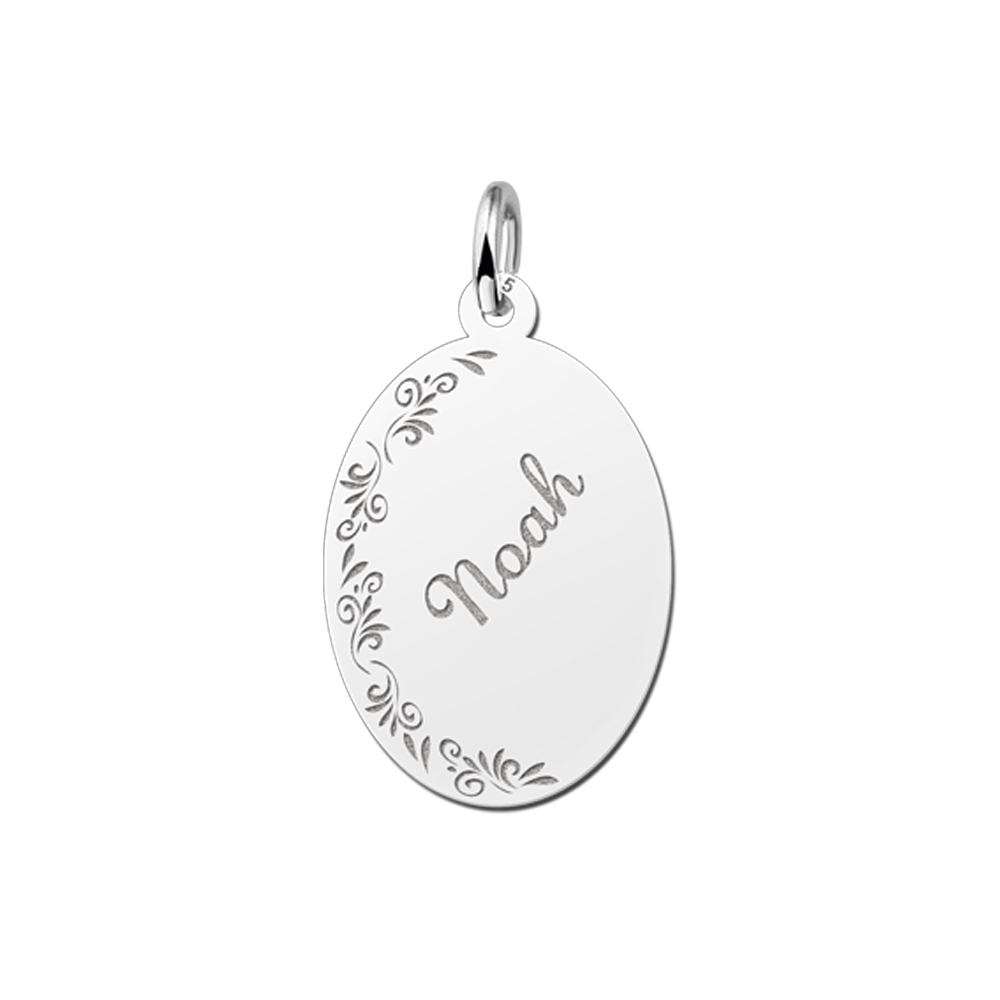 Silver oval pendant floral border & name