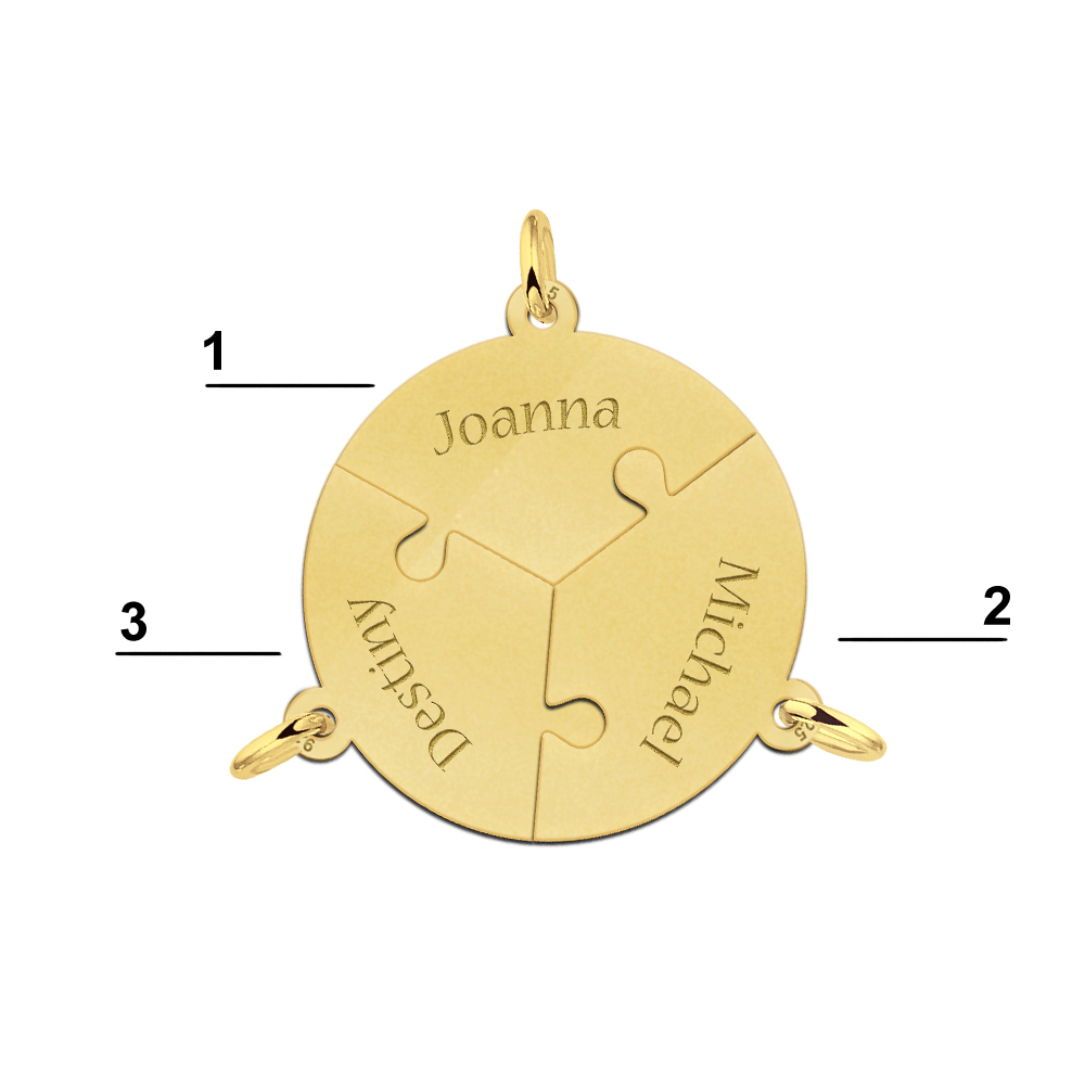 Gold plated 3-piece round puzzle breakable pendant with names