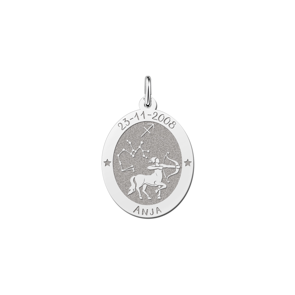 Silver Oval Zodiac Pendant Sagittarius with Name Engraving