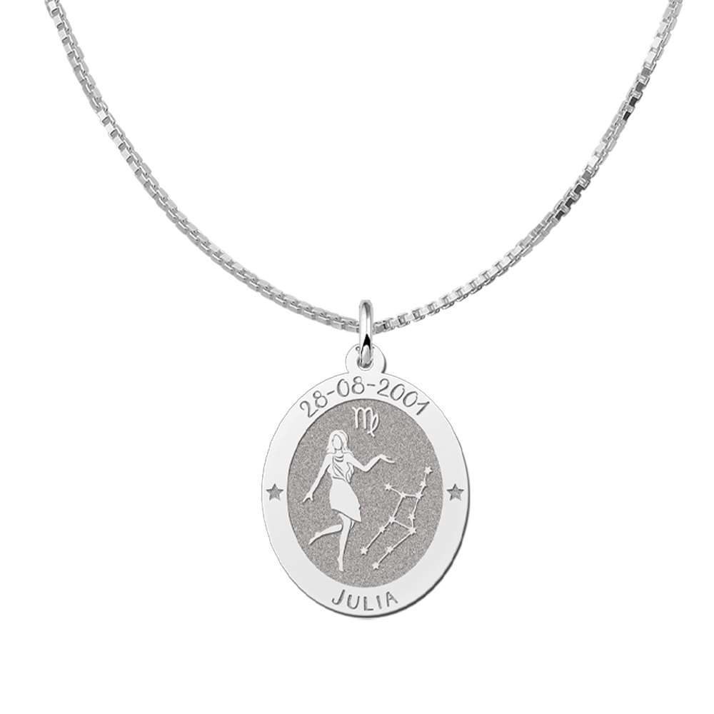Silver Oval Zodiac Pendant Sagittarius with Name Engraving
