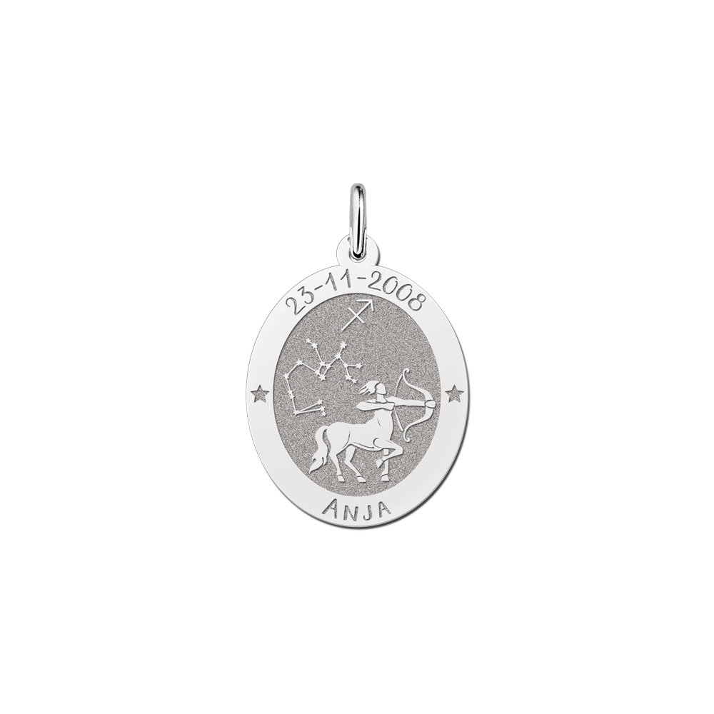 Silver oval zodiac pendant Sagittarius