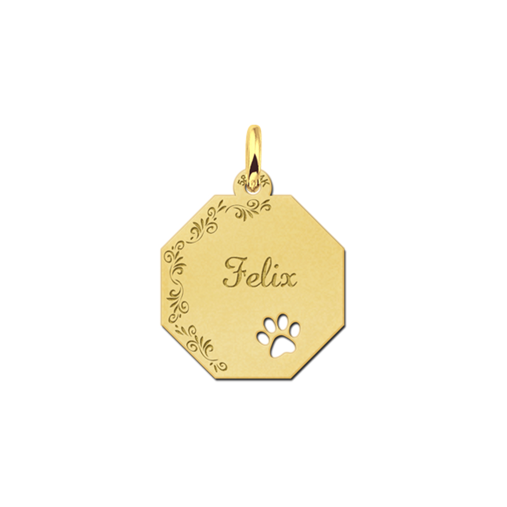 Gold Octagon Pendant with Name, Flowerborder and Dog Paw