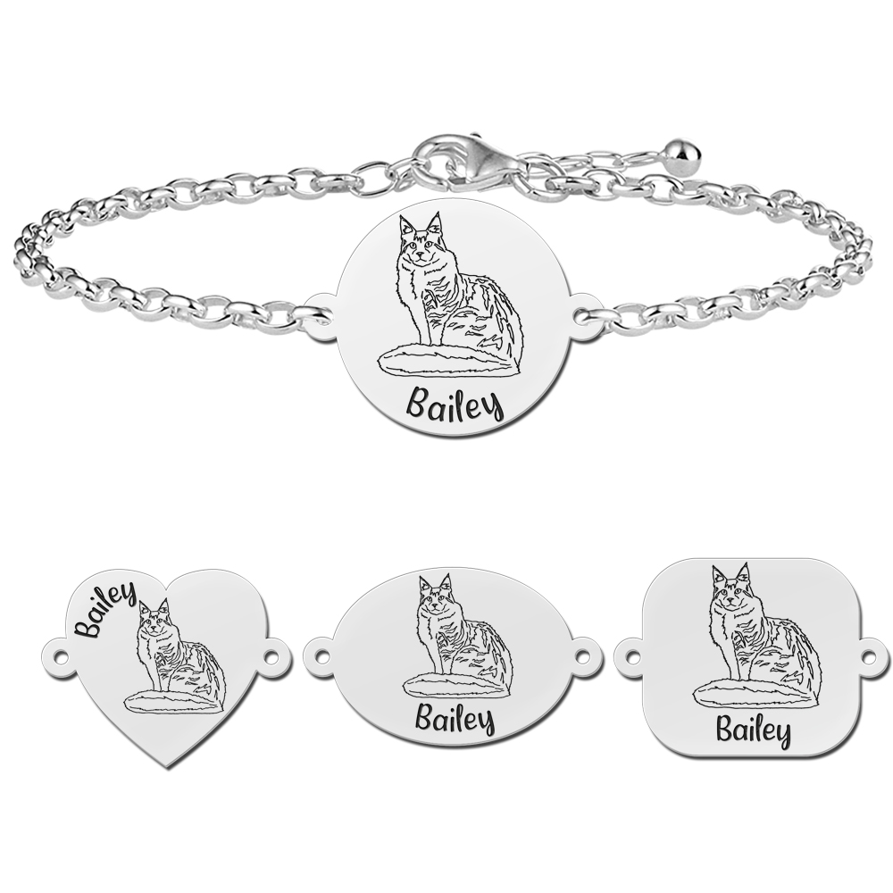 Silver cat bracelet with name Maine Coon