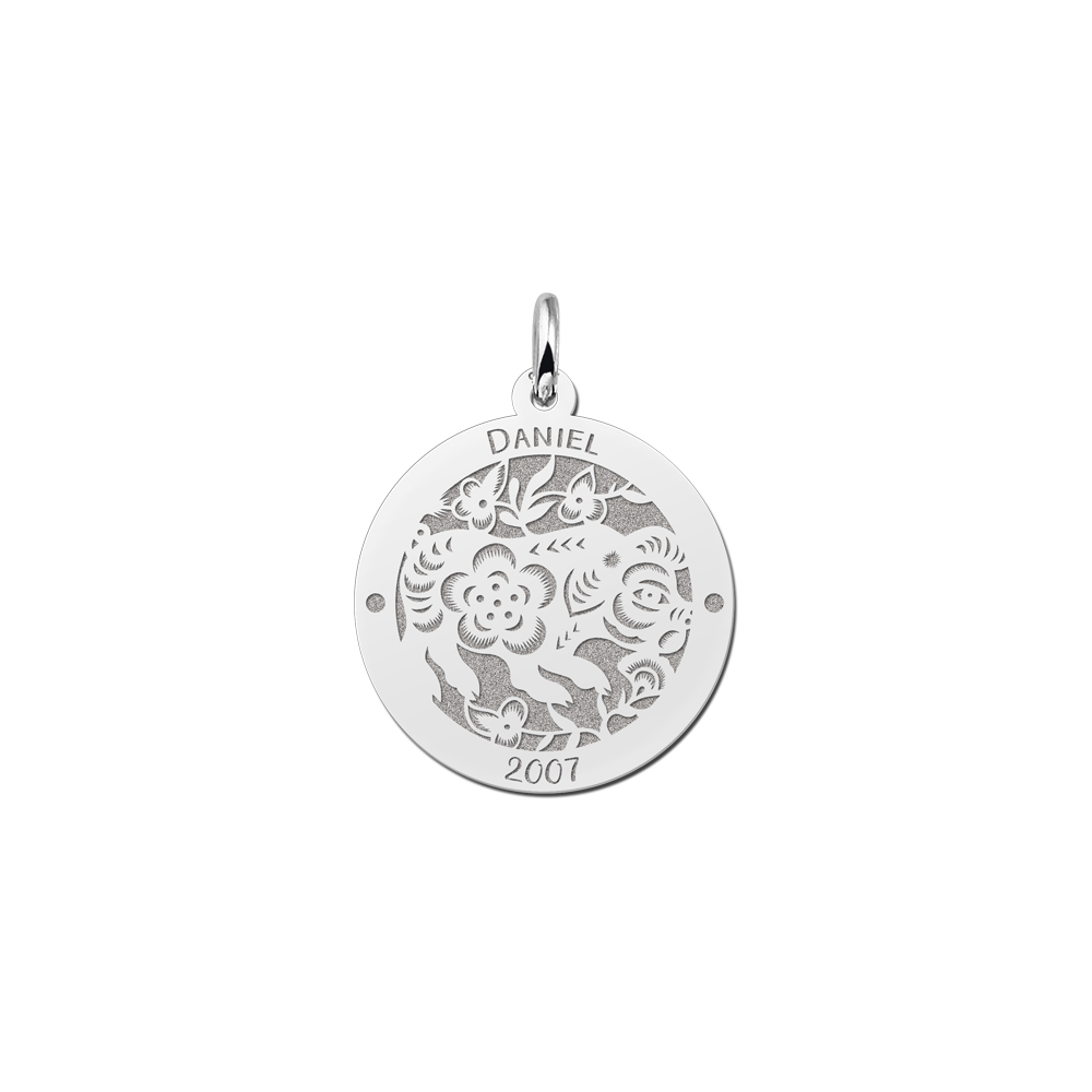 Silver round chinese zodiac pendant pig