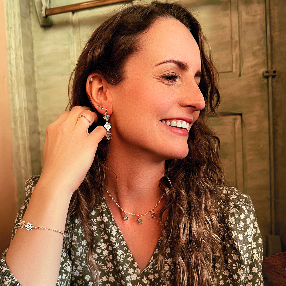 Silver earrings three daisies with birthstones