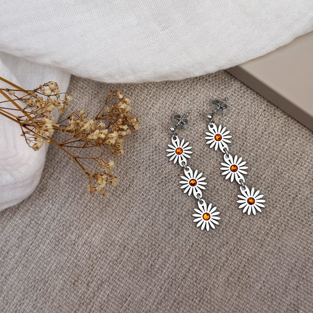 Silver earrings three daisies with birthstones